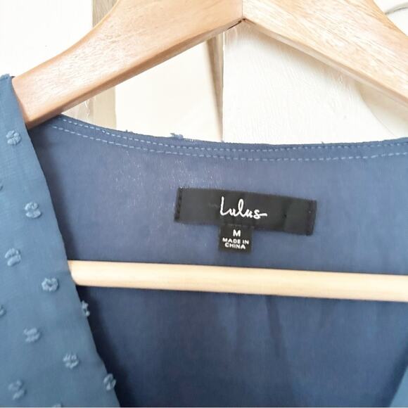 Lulus Split Sleeve Next To You Slate Blue Swiss Dot Ruffled Midi Dress Size M - Picture 6 of 11